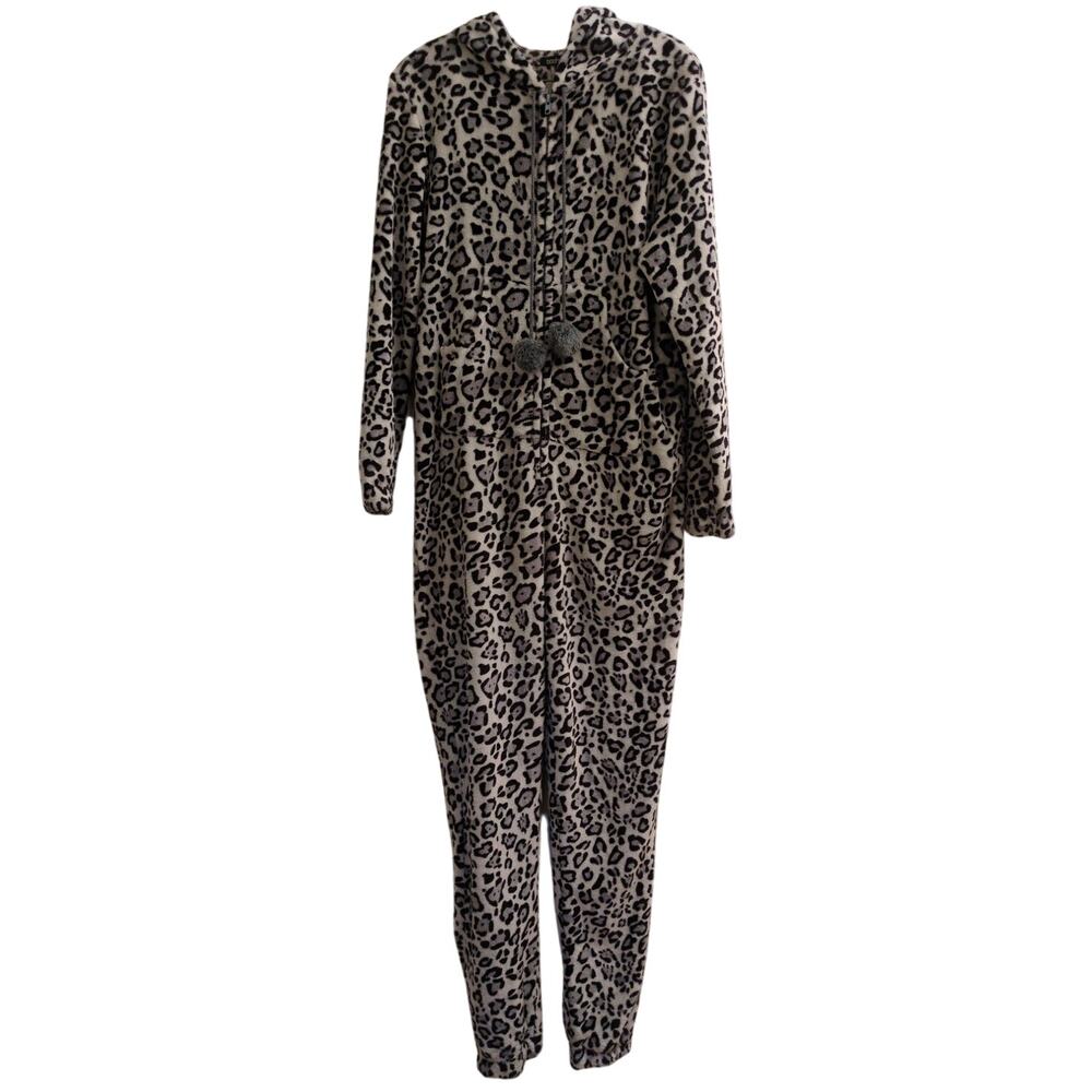 boohoo Leopard Print Hooded Onesie PJs Ears Women's Sz S Plush Jumpsuit Costume